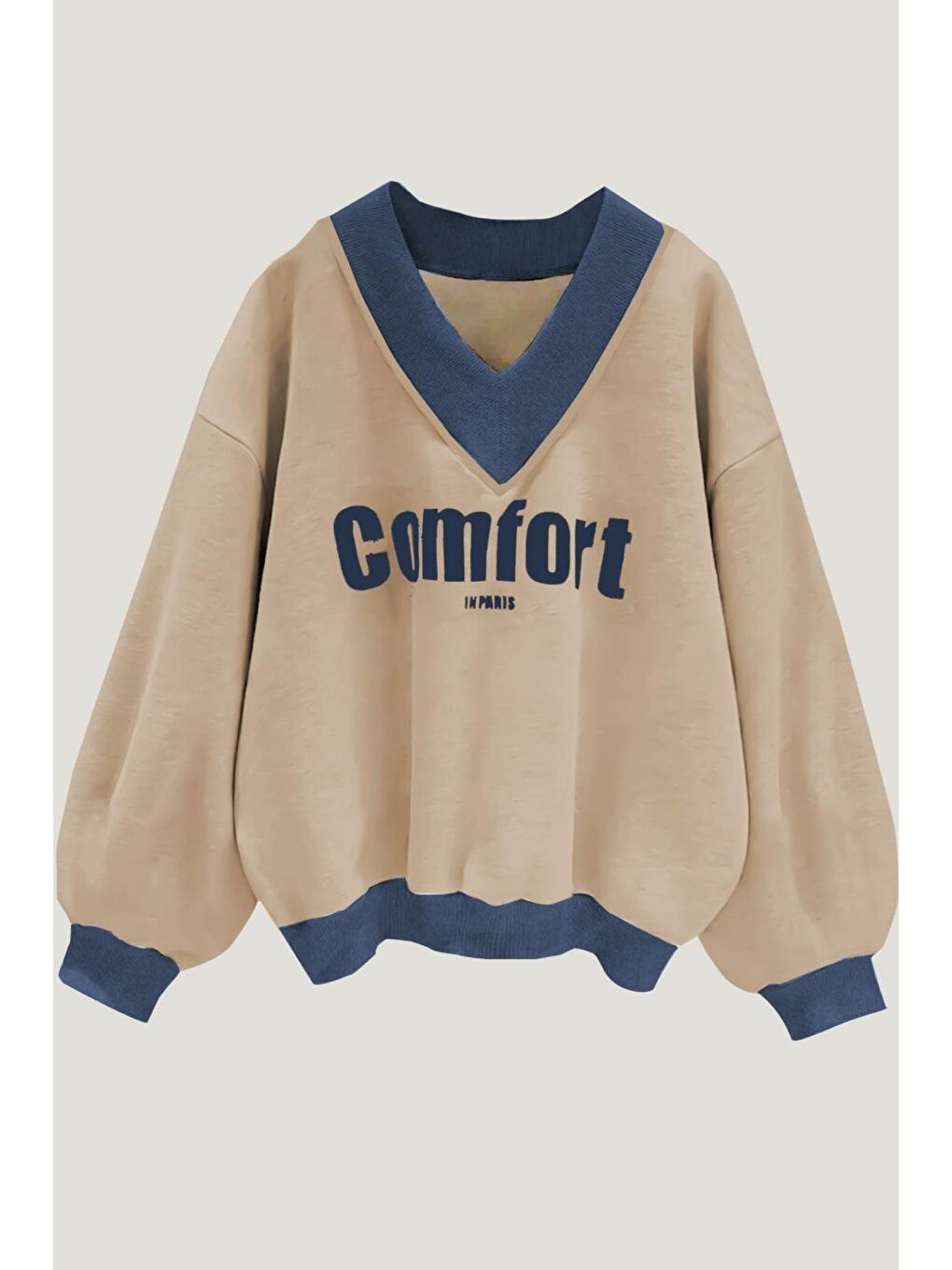 Trendseninle Vizon Kadın Vizon Comfort In Paris Baskılı V Yaka Oversize Sweatshirt