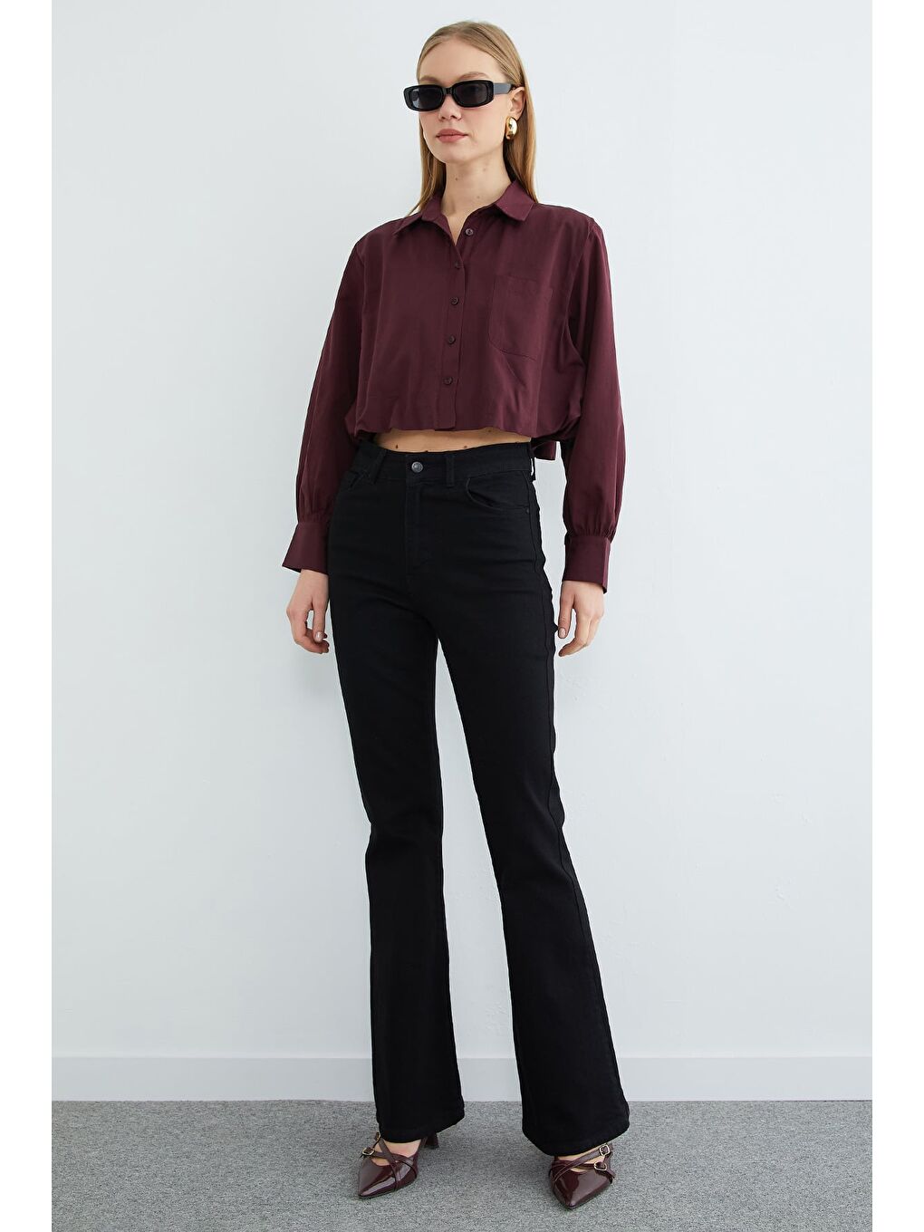 Mürdüm Düğmeli Tek Cepli Crop Gömlek-1