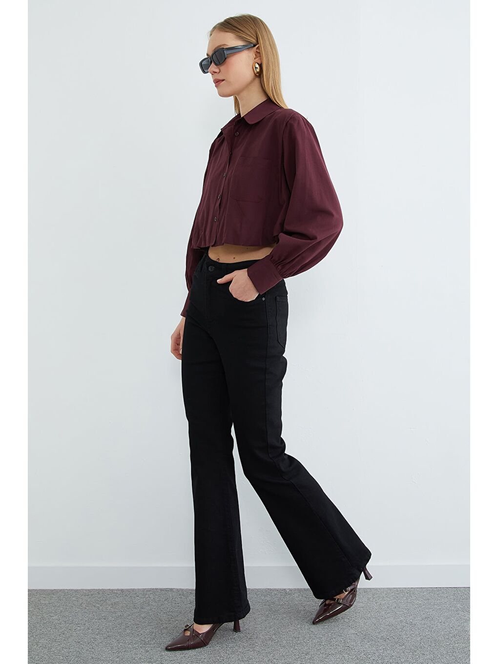 Mürdüm Düğmeli Tek Cepli Crop Gömlek-2