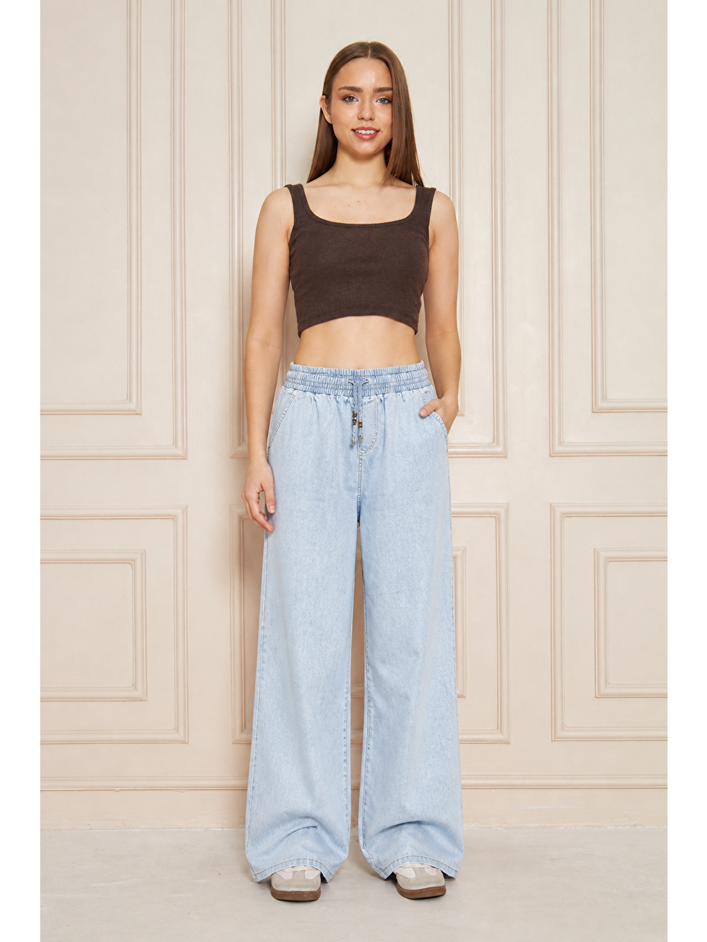 Kadın %100 Pamuklu Bol Paça B.Mavi Baggy Pantolon-5