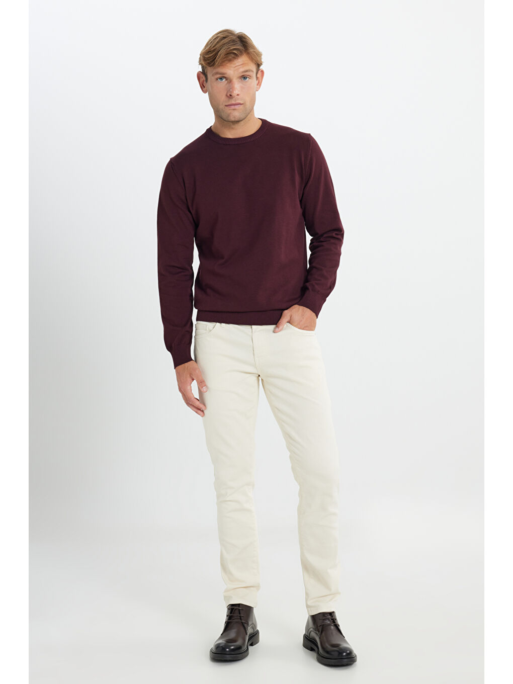 Erkek Bordo Pamuklu Standart Fit Normal Kesim Bisiklet Yaka Triko Kazak-1