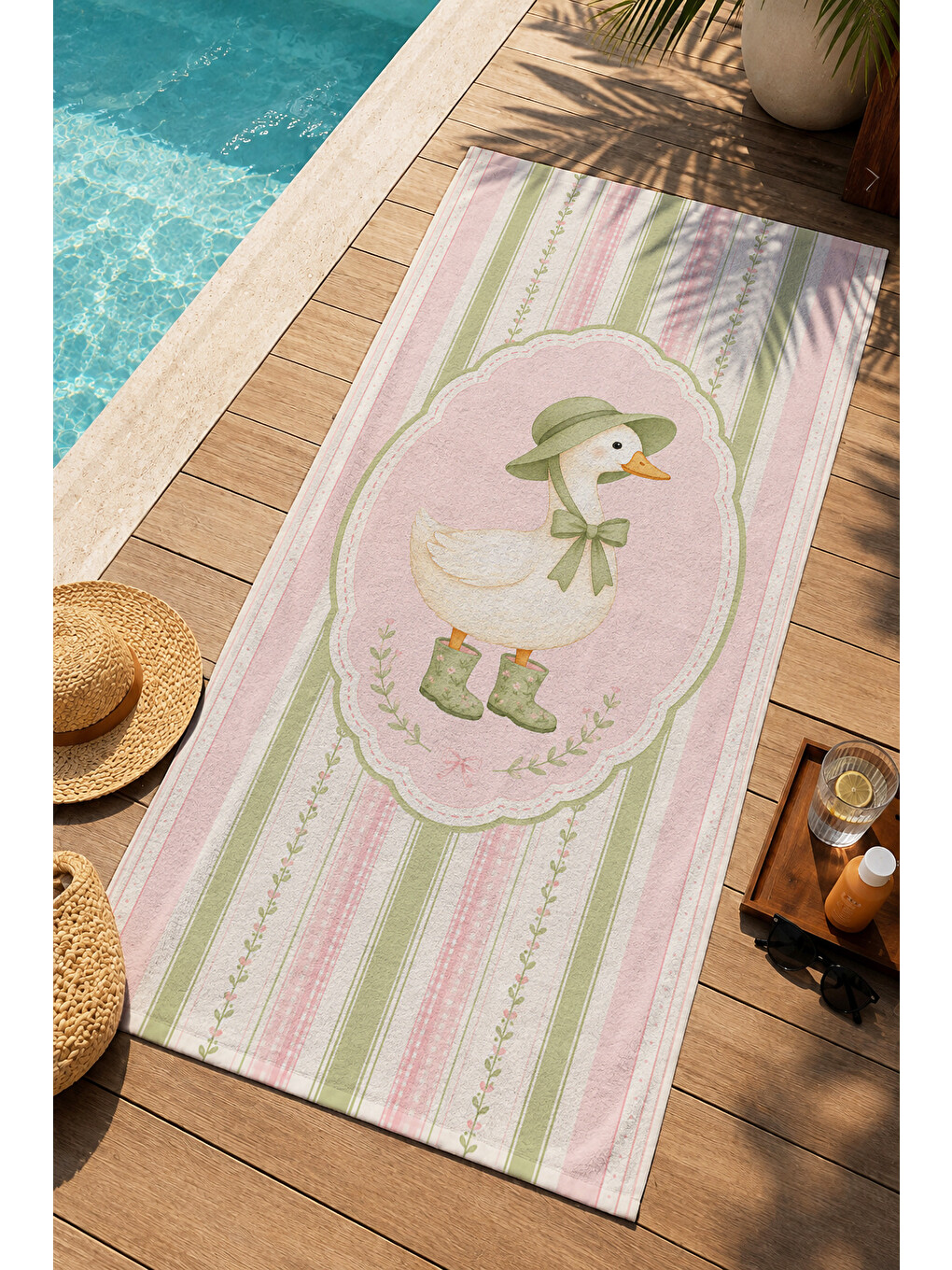 Masalsı Boneli Kaz Pembe Yeşil Çizgili Desenli 70x150 Plaj Havlusu - Dijital Baskılı Banyo Havlusu-3