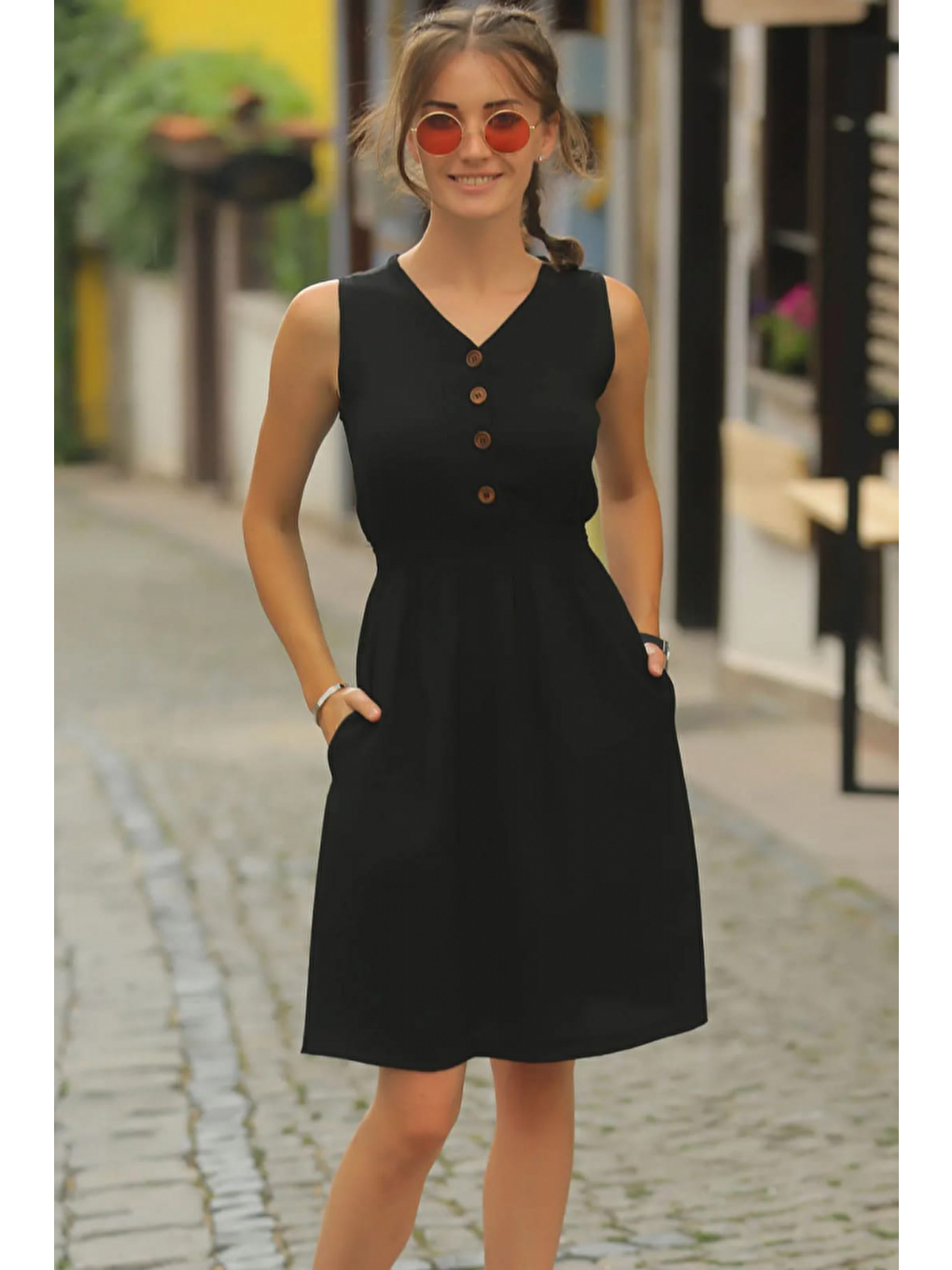 Siyah Kadın V Yakalı önden Düğme Detay Beli Lastikli Keten Kısa Elbise-3