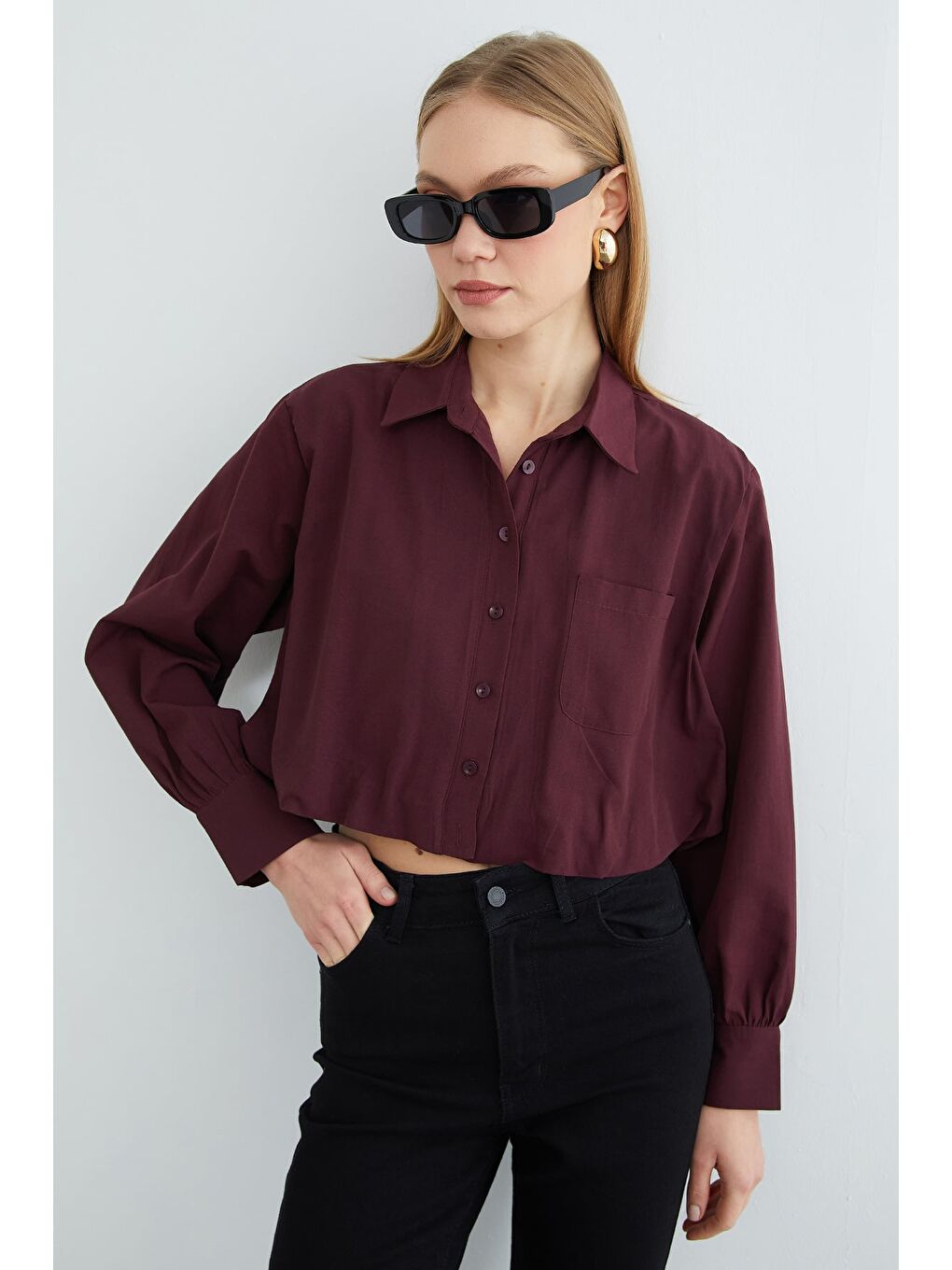 Mürdüm Düğmeli Tek Cepli Crop Gömlek-4