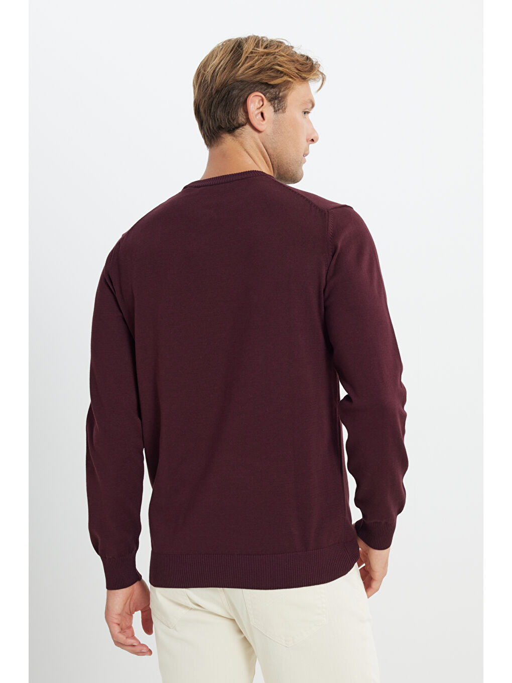 Erkek Bordo Pamuklu Standart Fit Normal Kesim Bisiklet Yaka Triko Kazak-4