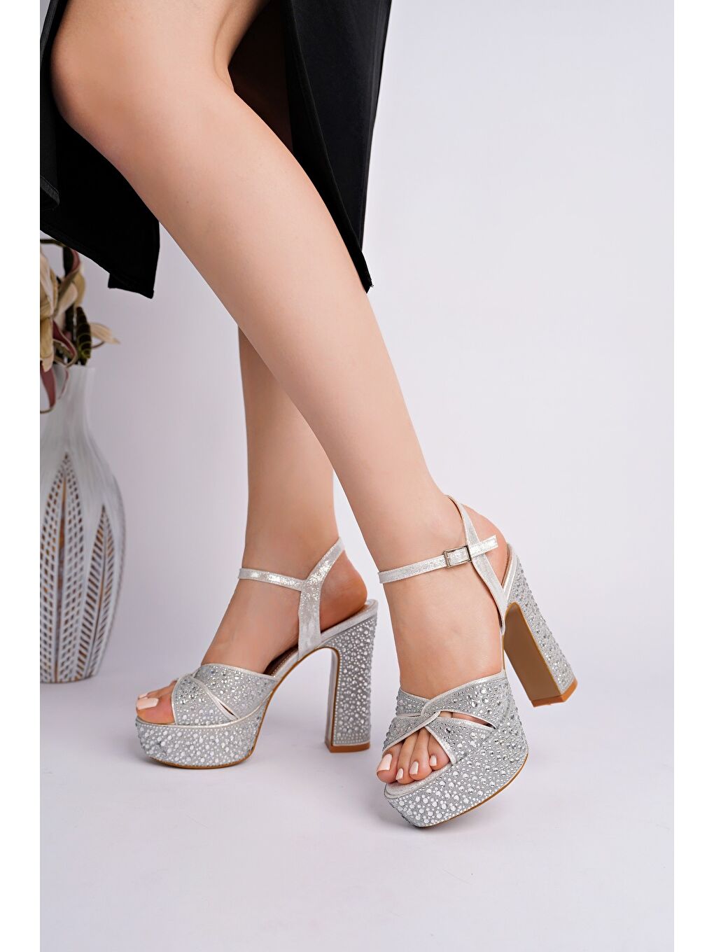 Gri BRİDE Taşlı Platform Topuklu Nikah Düğün Gelin Ayakkabısı-1