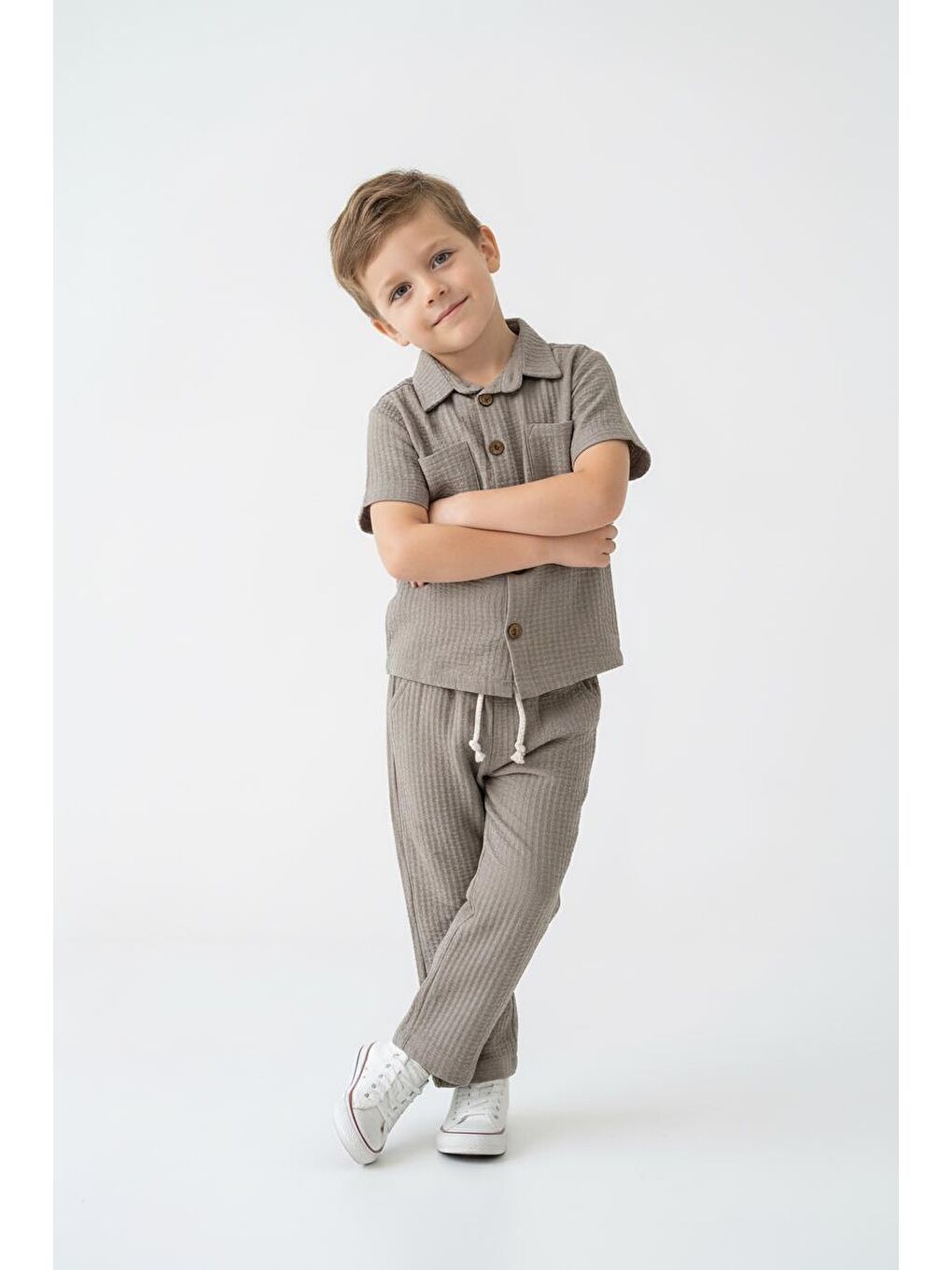 Bej Gofreli Yazlık Gömlek 2li Takım-4