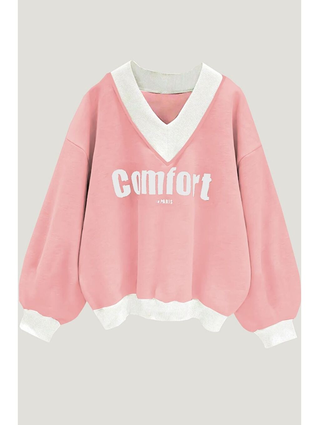 Trendseninle Pudra Pembe Kadın Pembe Comfort In Paris Baskılı V Yaka Oversize Sweatshirt