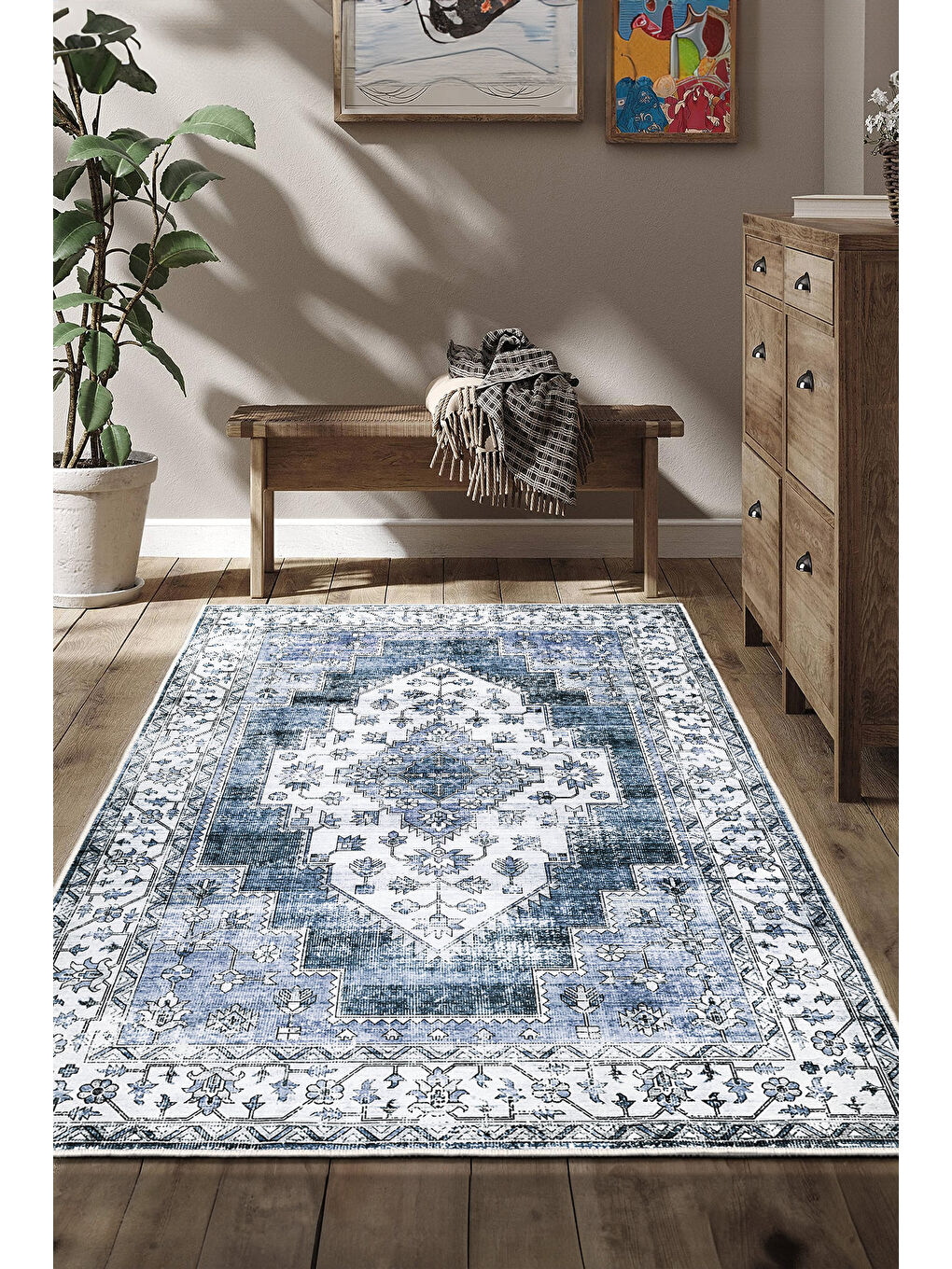 Mavi Dekoratif Özel Tasarım Yıkanabilir İnce Kaymaz Tabanlı Modern Halı KECE FR27-1