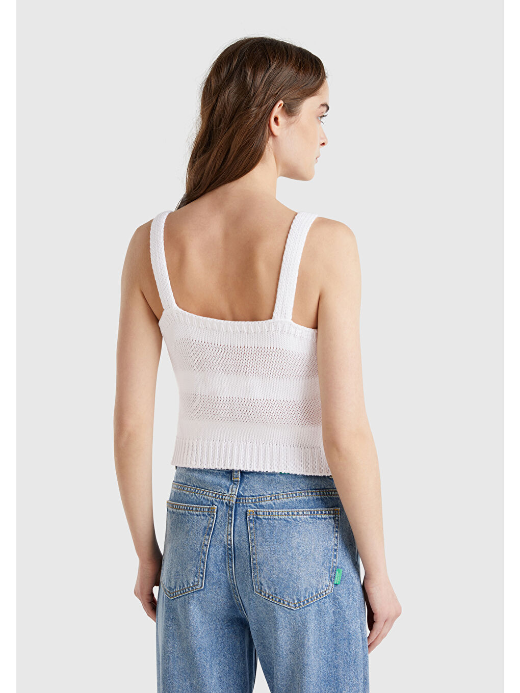 Kadın Beyaz %100 Pamuk Şerit Efektli Örme Relax Fit V Yaka Triko Atlet-2