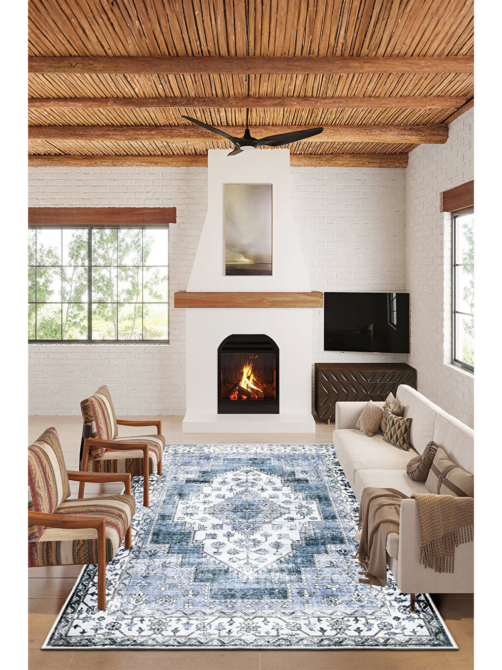 Mavi Dekoratif Özel Tasarım Yıkanabilir İnce Kaymaz Tabanlı Modern Halı KECE FR27-2