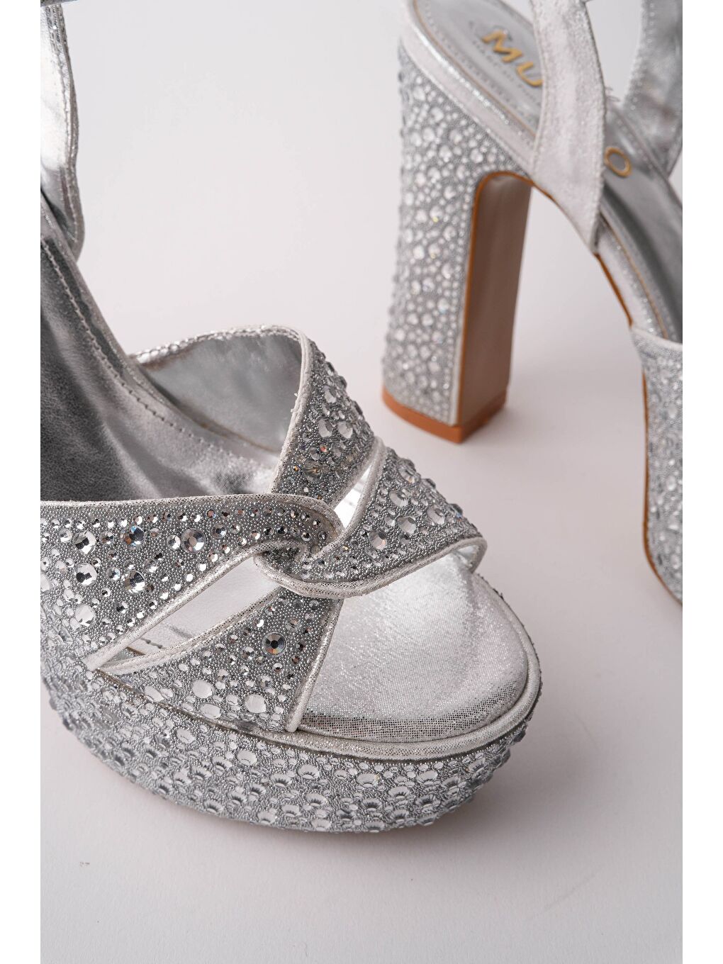 Gri BRİDE Taşlı Platform Topuklu Nikah Düğün Gelin Ayakkabısı-3