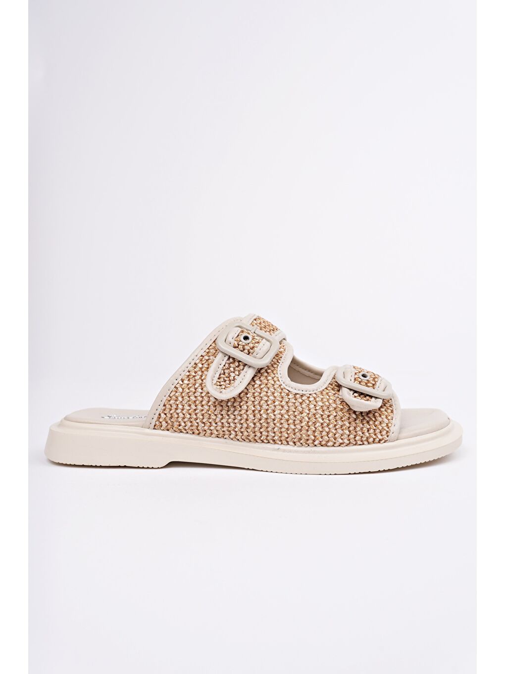 Bej SARLE Çift Bantlı Ayarlanabilir Kemerli Kadın Günlük Hasır Terlik-1