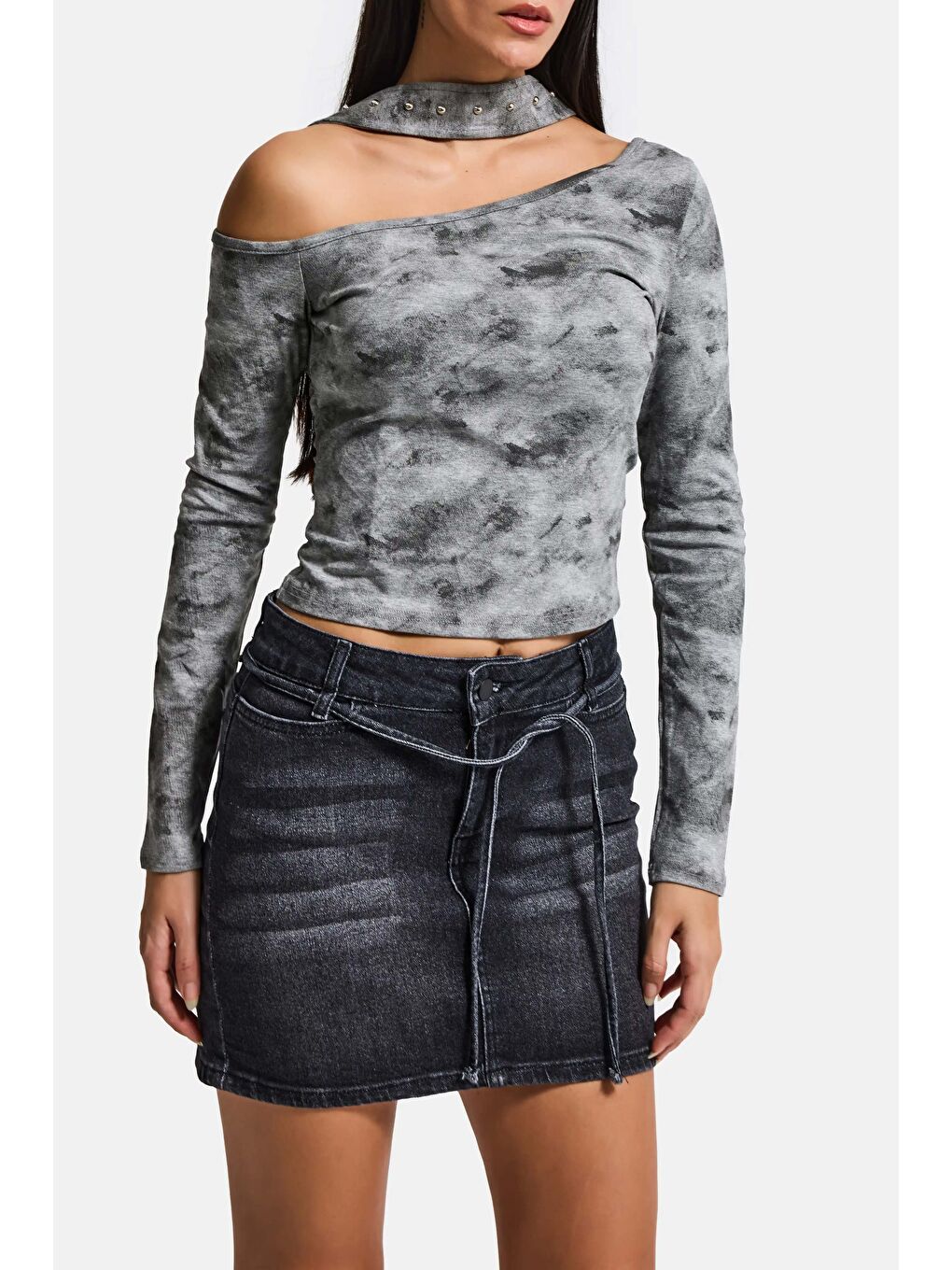 Gri Kadın Koyu Füme 2s6-1 Straight Fit Kemer Detaylı Elastan Mini Denim Etek