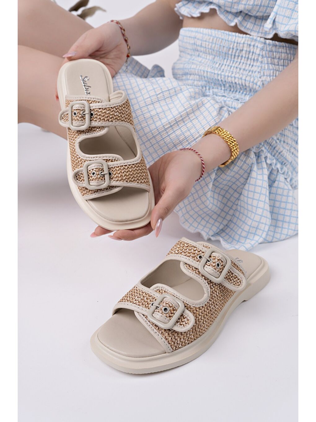 Bej SARLE Çift Bantlı Ayarlanabilir Kemerli Kadın Günlük Hasır Terlik-3