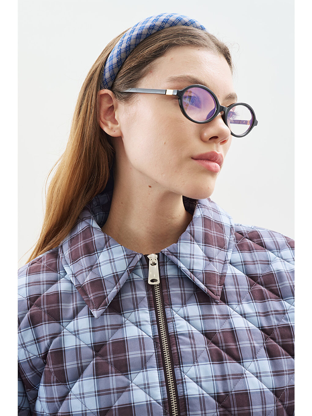 Siyah Balon Kol Detaylı Kapitone Mont Ekose Desenli-5