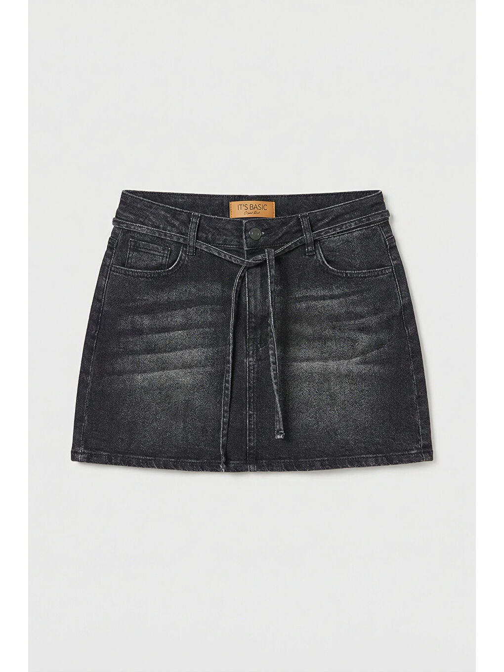 Gri Kadın Koyu Füme 2s6-1 Straight Fit Kemer Detaylı Elastan Mini Denim Etek-2