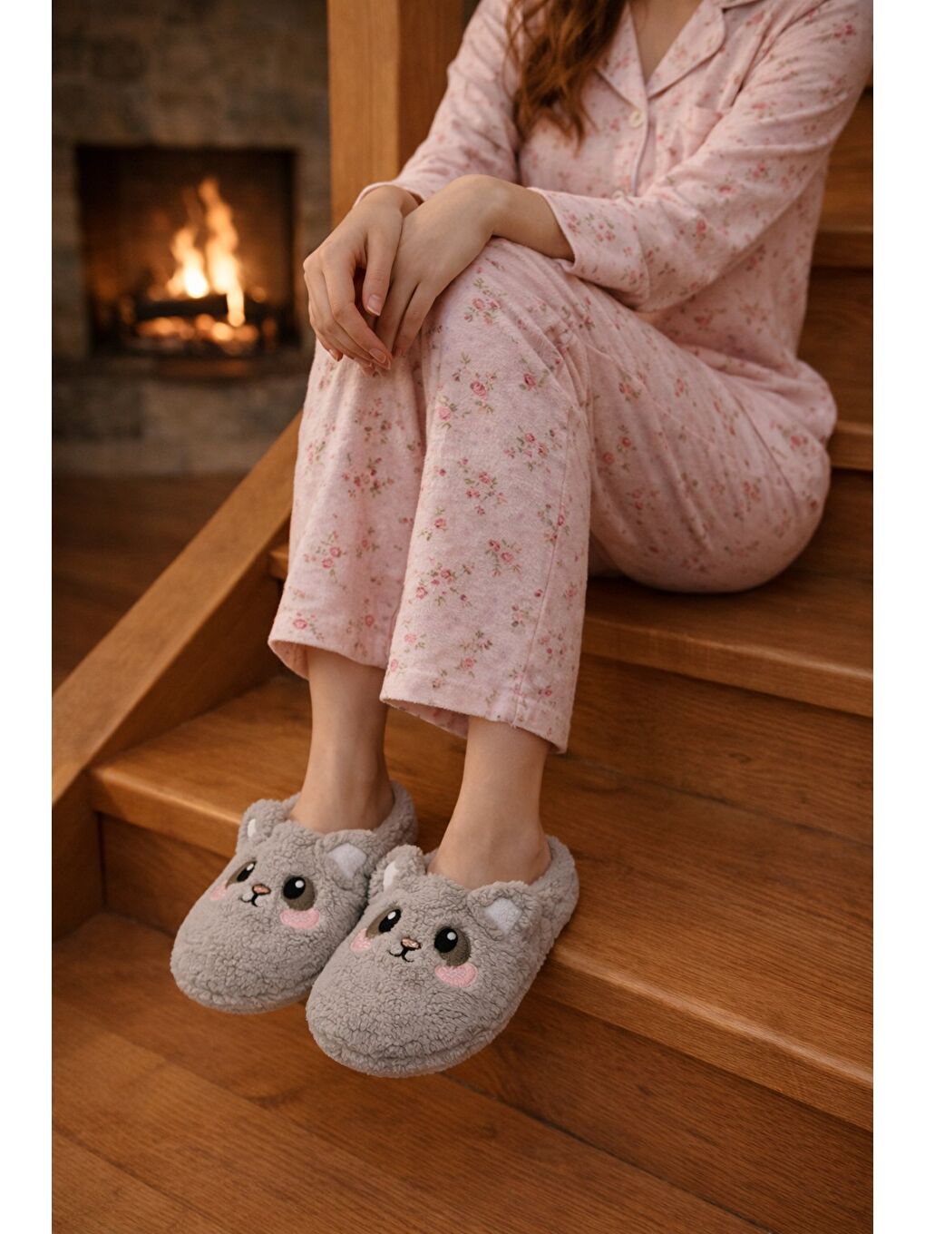 Gri TEDDY BEAR Kadın Ev Terliği Kışlık Terlik Kauçuk Ses Yapmayan Taban-1