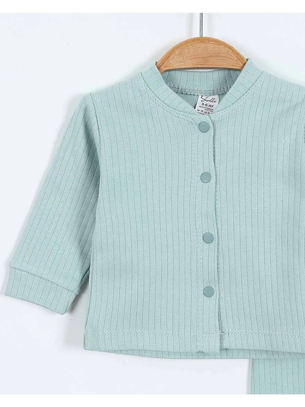 Turkuaz Çıtçıtlı %100 Pamuk Yenidoğan Fitilli Alt Üst Pijama Takım-1