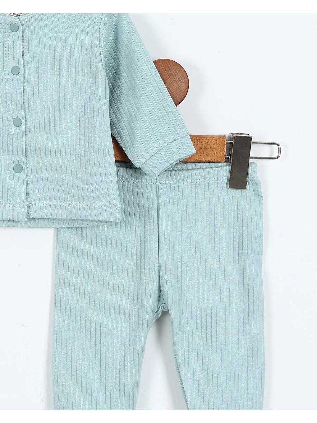 Turkuaz Çıtçıtlı %100 Pamuk Yenidoğan Fitilli Alt Üst Pijama Takım-2