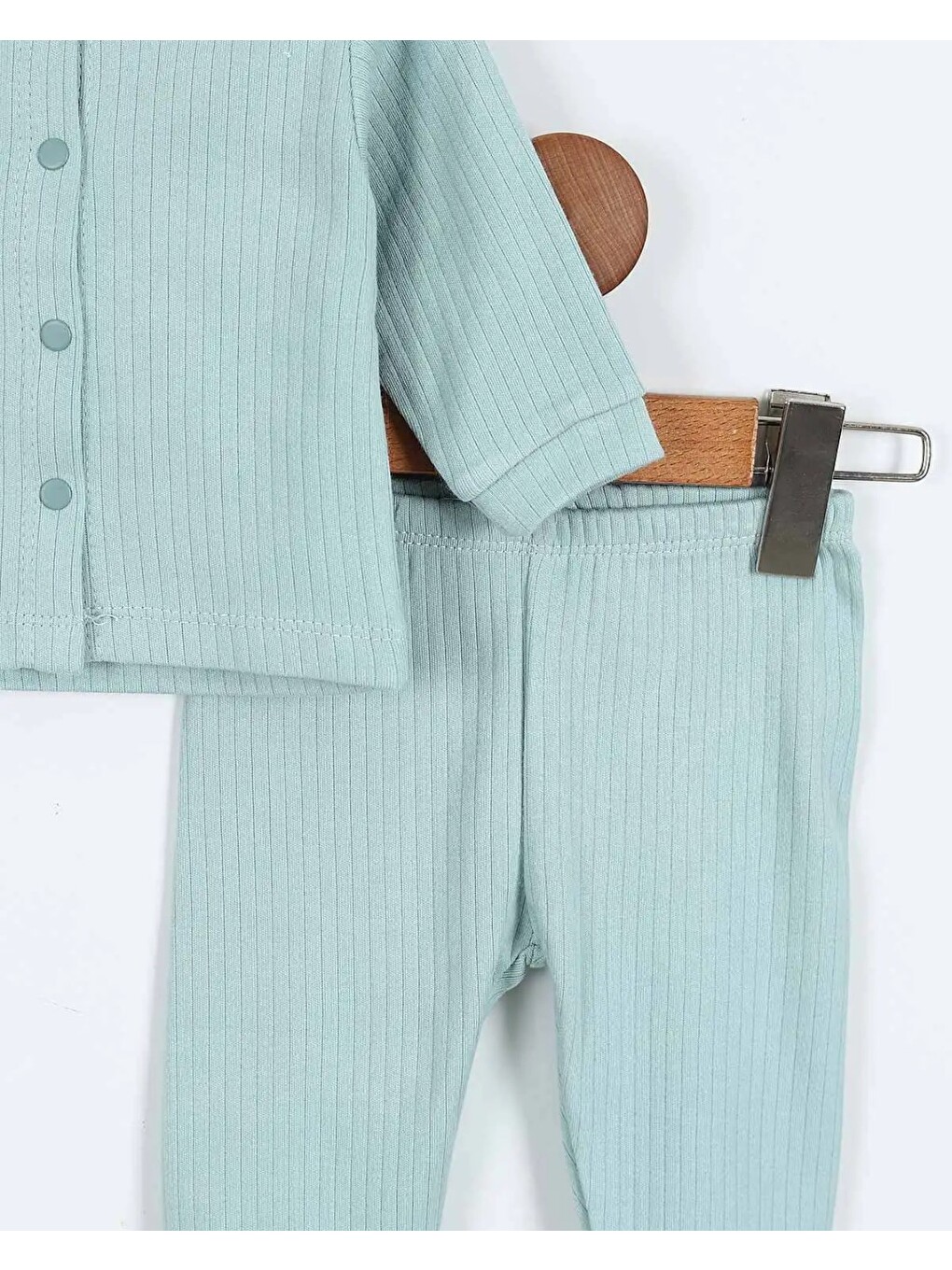 Turkuaz Çıtçıtlı %100 Pamuk Yenidoğan Fitilli Alt Üst Pijama Takım-3