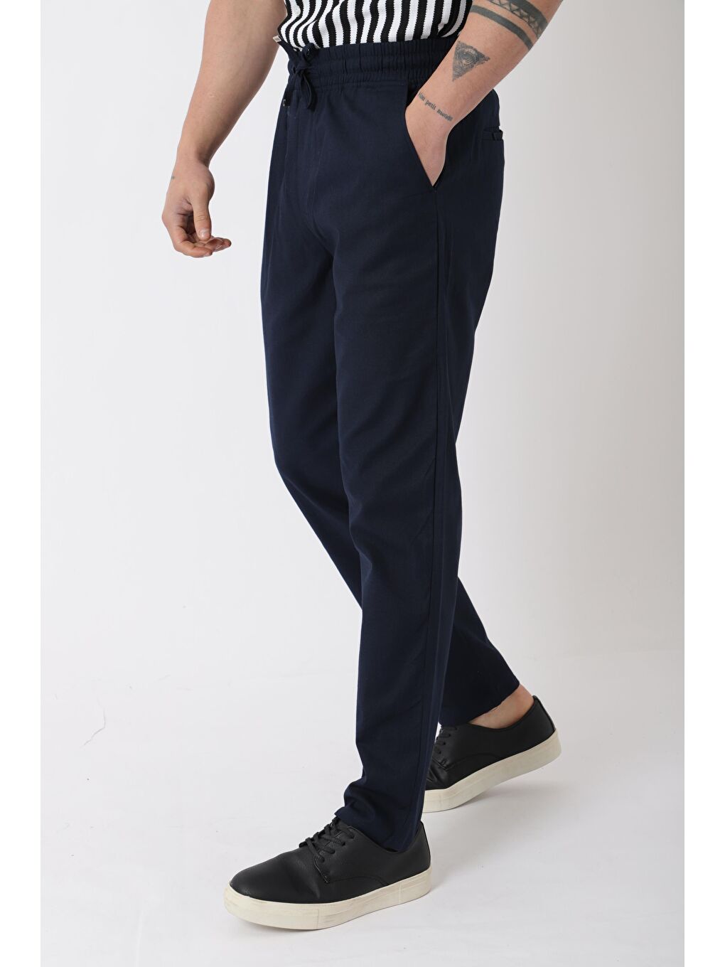 Lacivert Bel Lastikli Keten Erkek Pantolon PLDP-01K_0385-1