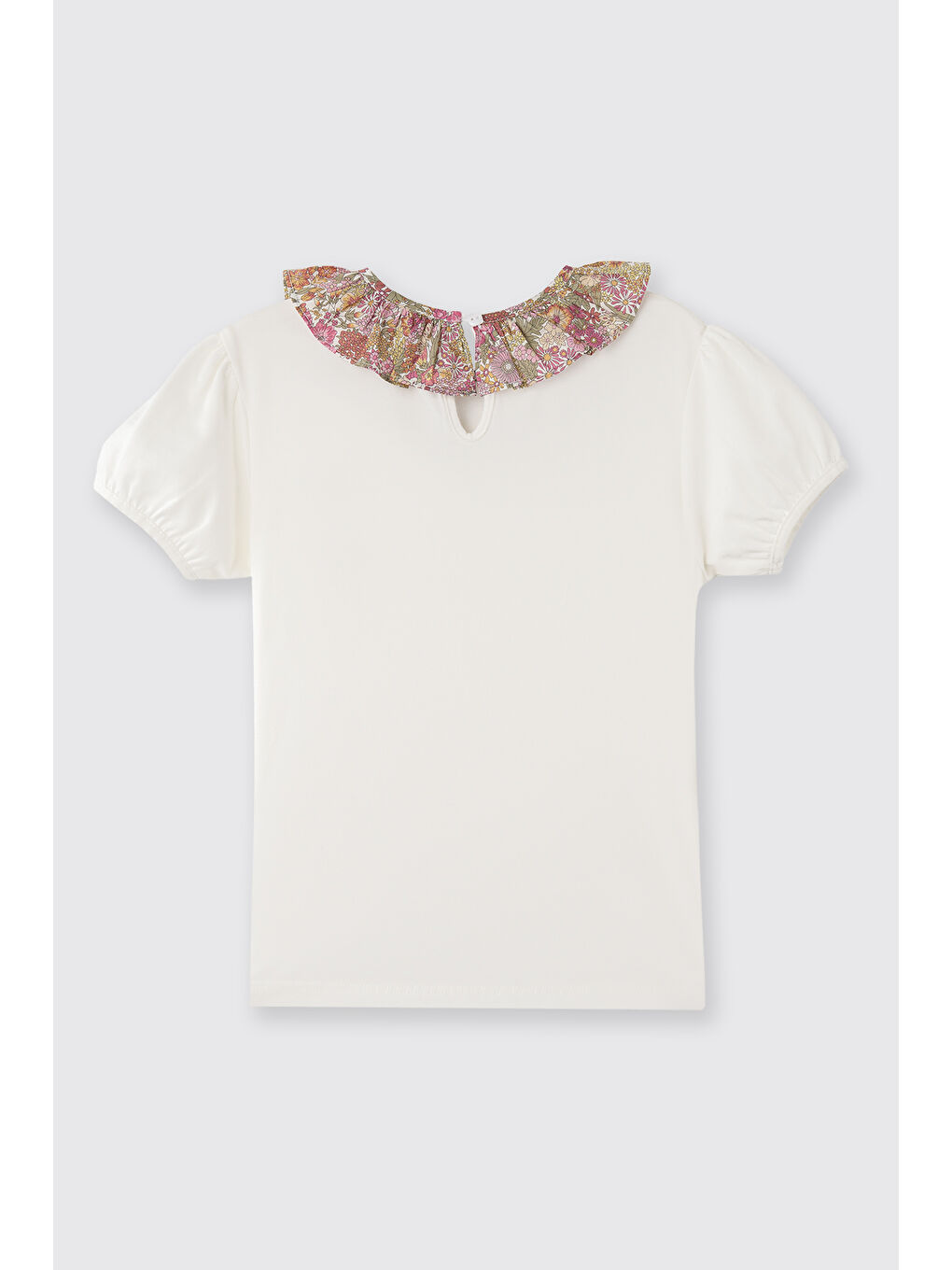 Ekru Liberty Kumaş Yaka Detaylı Kız Çocuk Tişört-3