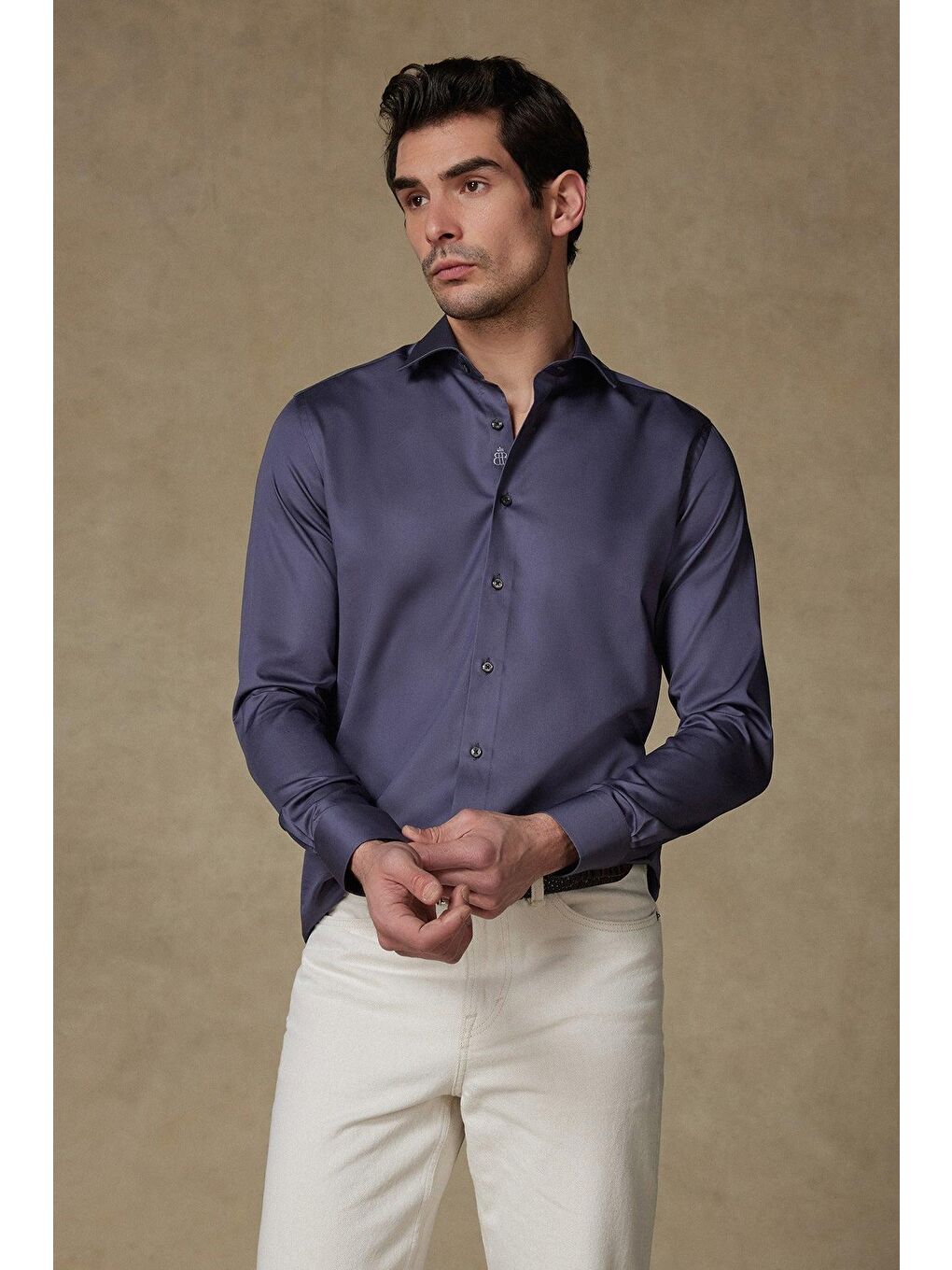 Donatello Saten Pamuklu Slim Fit Antrasit Klasik Yaka Erkek Düz Gömlek