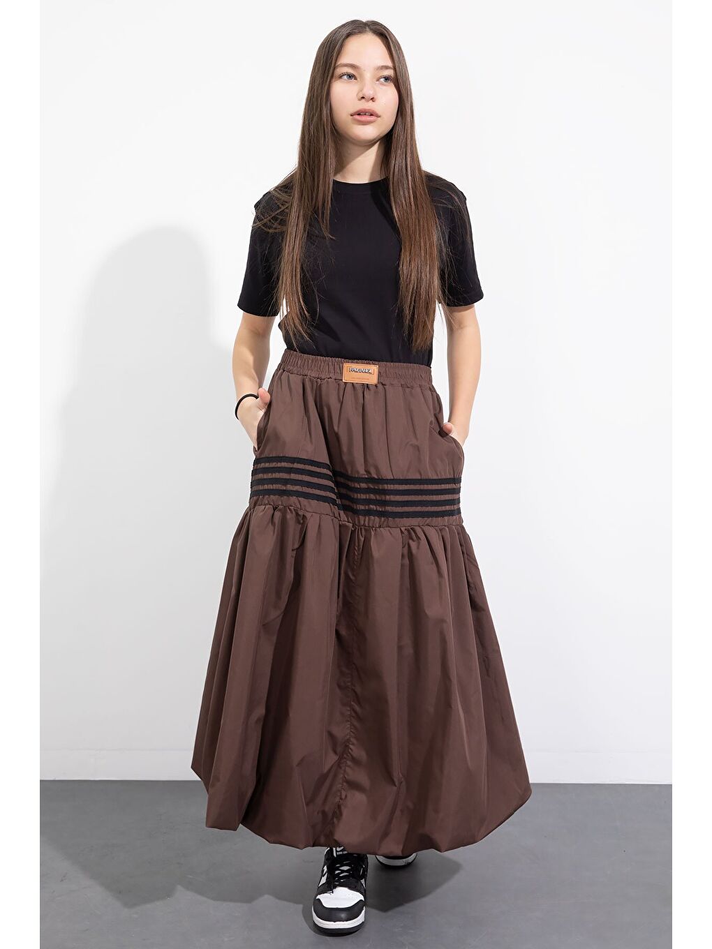 Kahverengi Şerit Desenli Kız Çocuk Balon Etek 23558