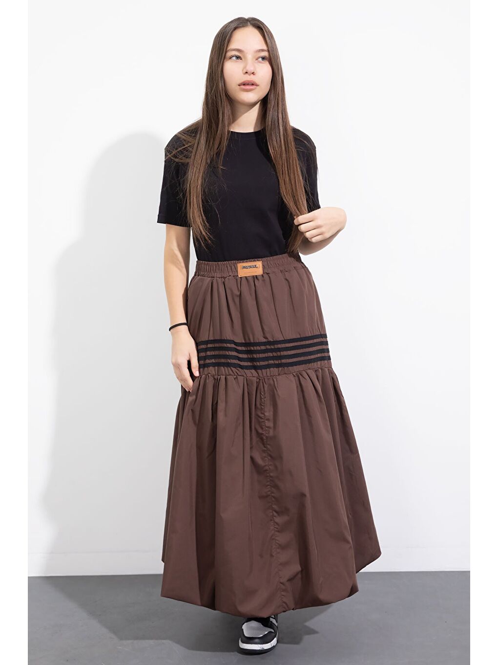 Kahverengi Şerit Desenli Kız Çocuk Balon Etek 23558-1