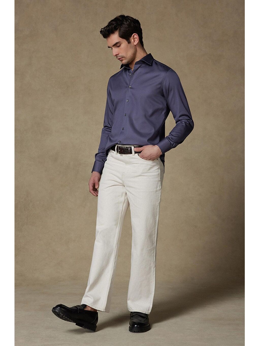 Donatello Saten Pamuklu Slim Fit Antrasit Klasik Yaka Erkek Düz Gömlek-2