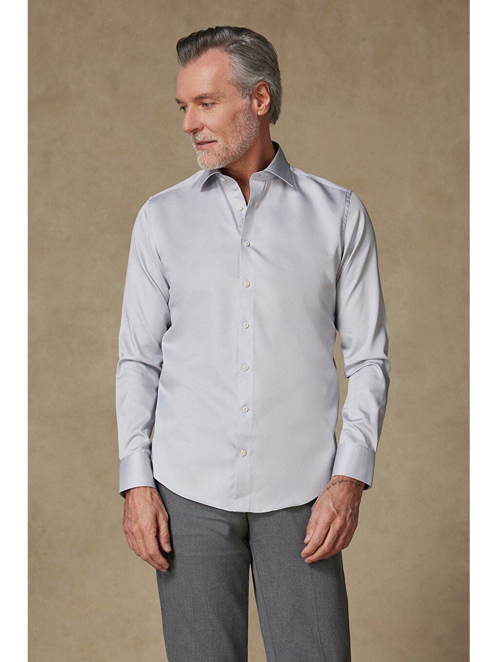 Donatello Saten Pamuklu Slim Fit Açık Gri Klasik Yaka Erkek Düz Gömlek