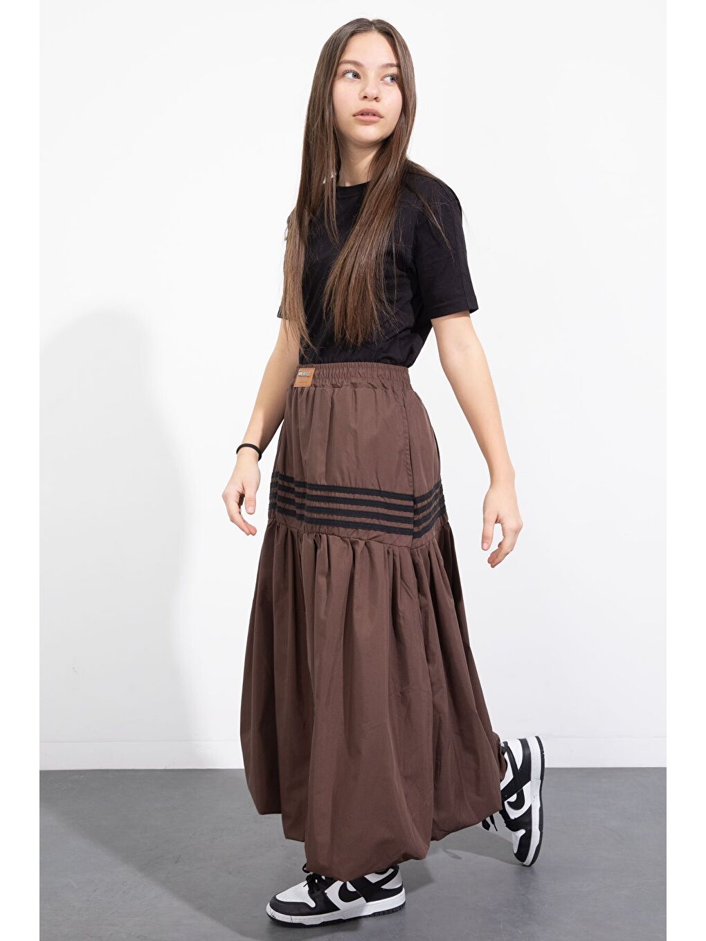 Kahverengi Şerit Desenli Kız Çocuk Balon Etek 23558-2