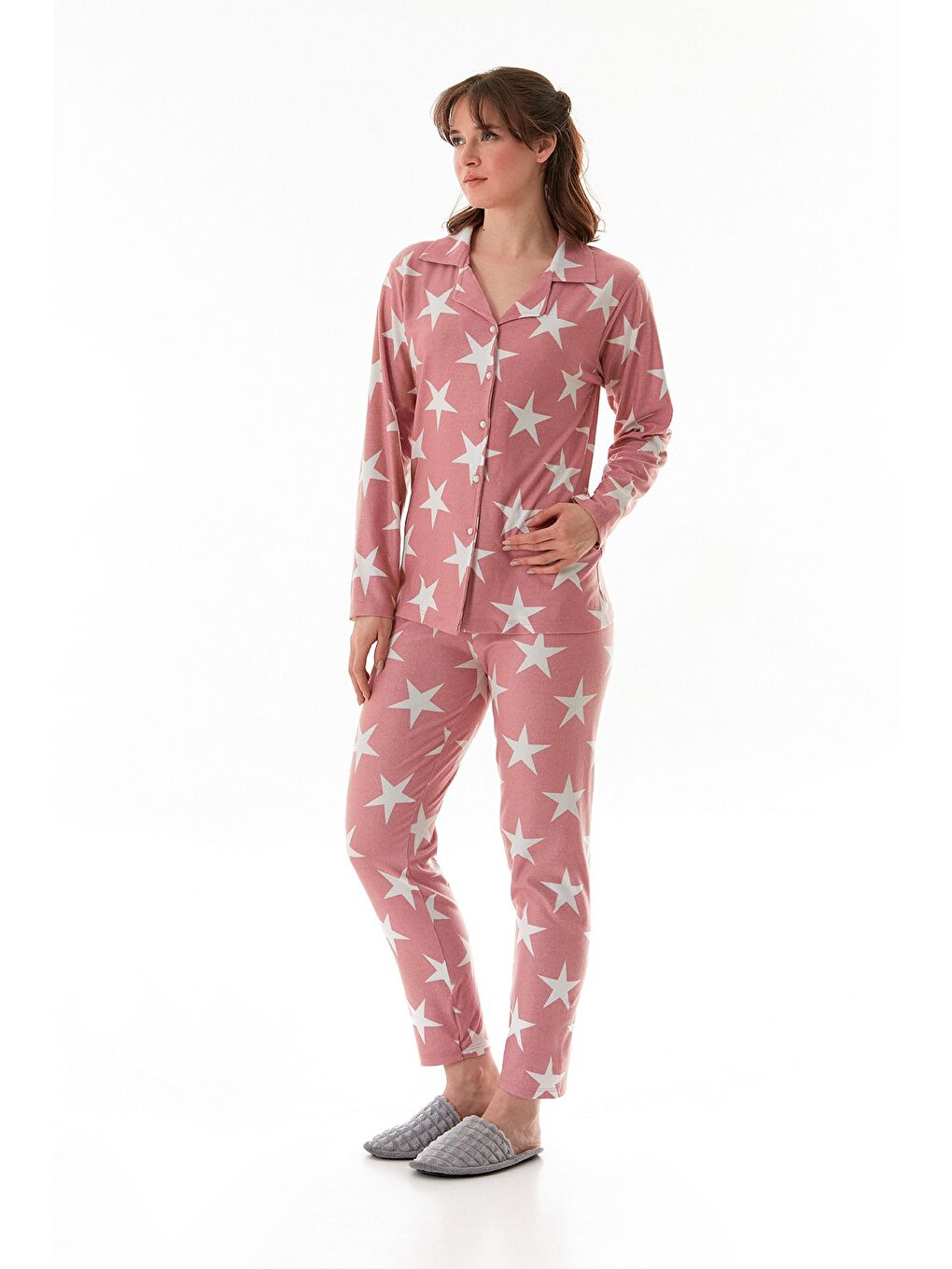 Pembe Çizgili Gömlek Yaka Süet Pijama Takımı-1