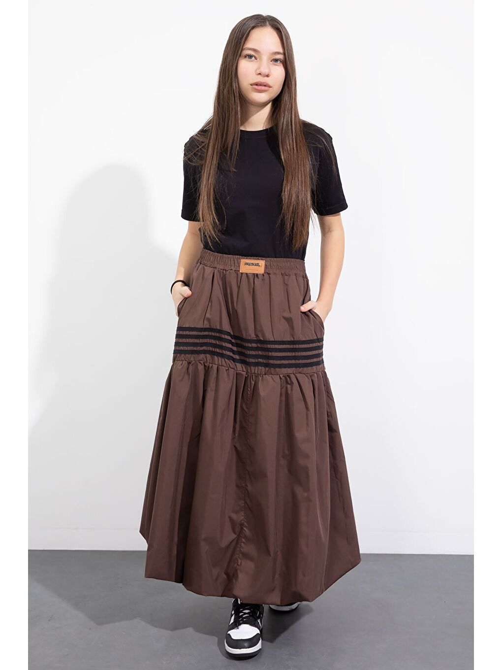 Kahverengi Şerit Desenli Kız Çocuk Balon Etek 23558-3