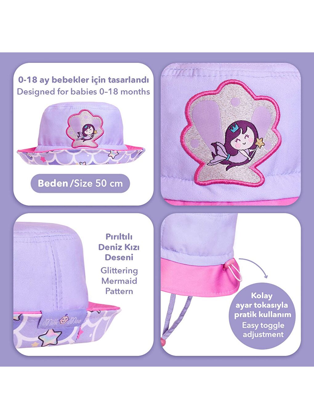 Pembe Pırıltılı Deniz Kızı Ayarlanabilir Yazlık Bebek Şapkası 0-18 Ay-4