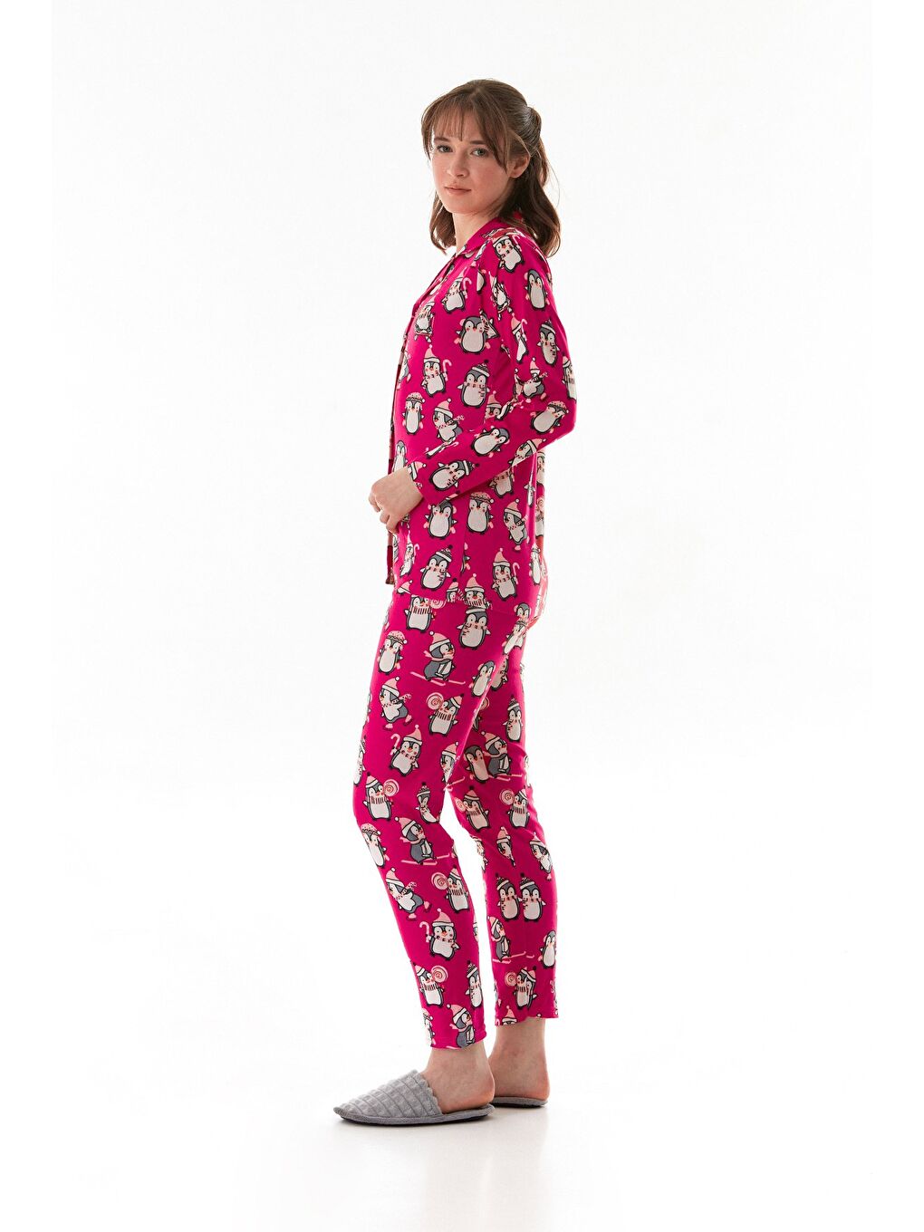 Gri Çizgili Gömlek Yaka Süet Pijama Takımı-2