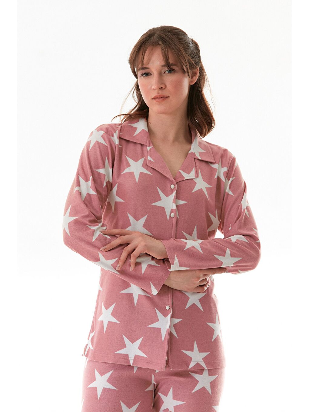 Pembe Çizgili Gömlek Yaka Süet Pijama Takımı-3