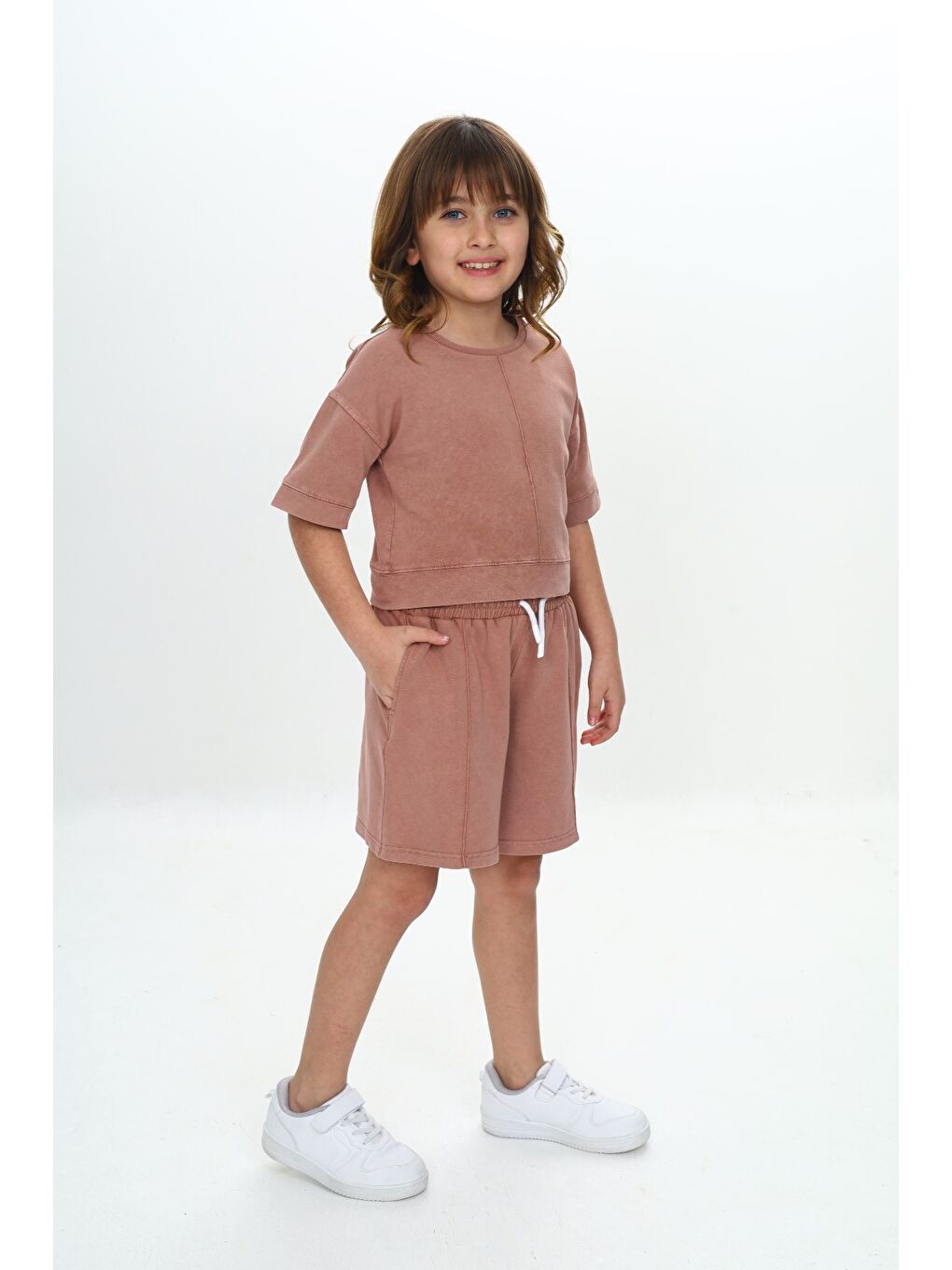 Kahverengi Kız Çocuk Yıkamalı Crop Şortlu Takım-2