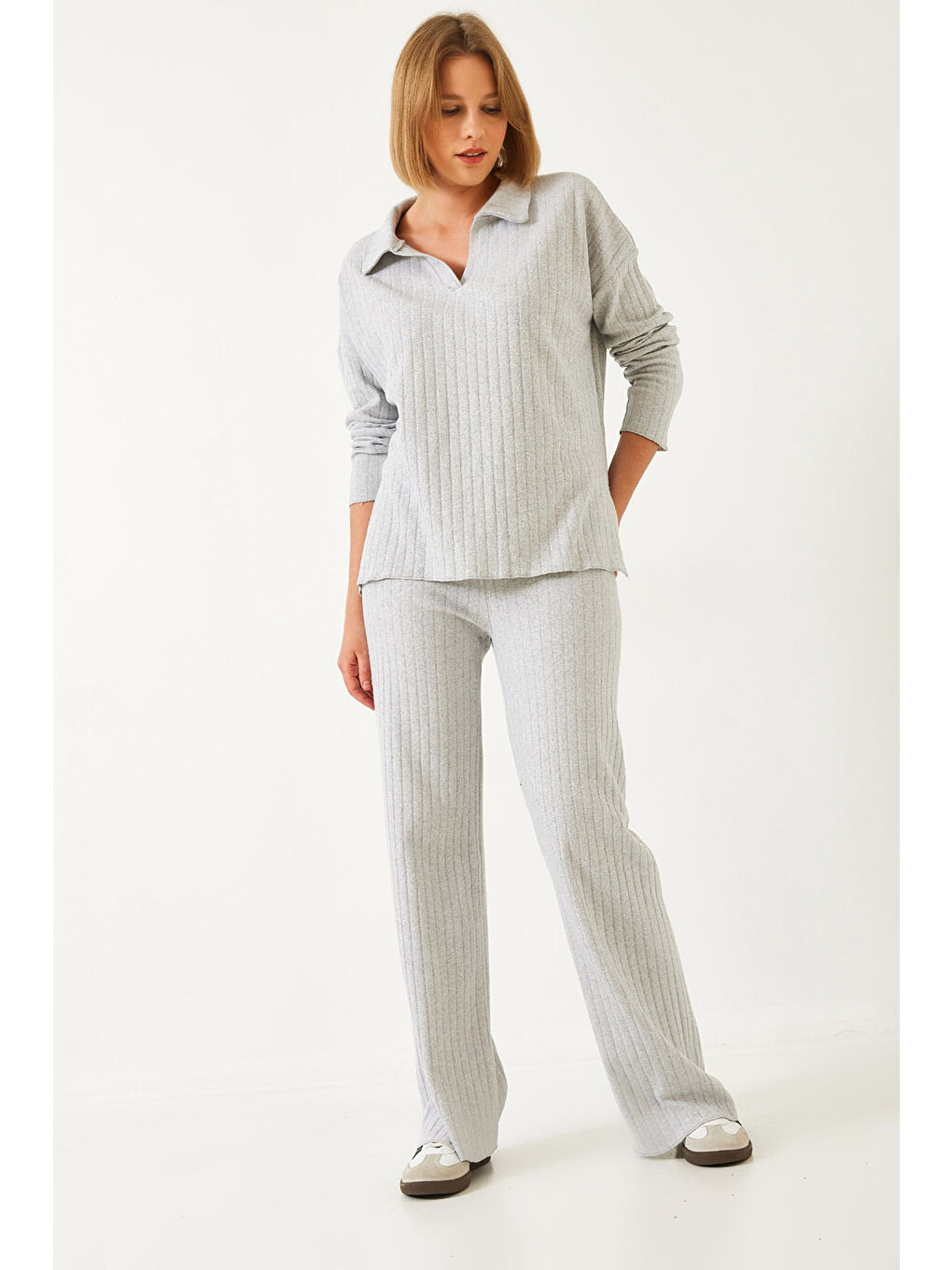 Gri Kadın Polo Yaka Triko Alt Üst Takım