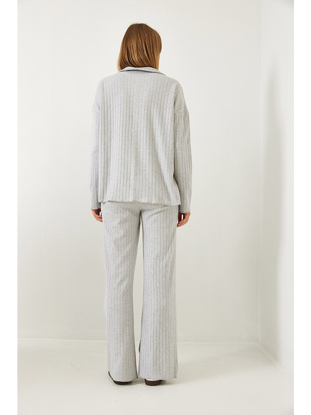 Gri Kadın Polo Yaka Triko Alt Üst Takım-2