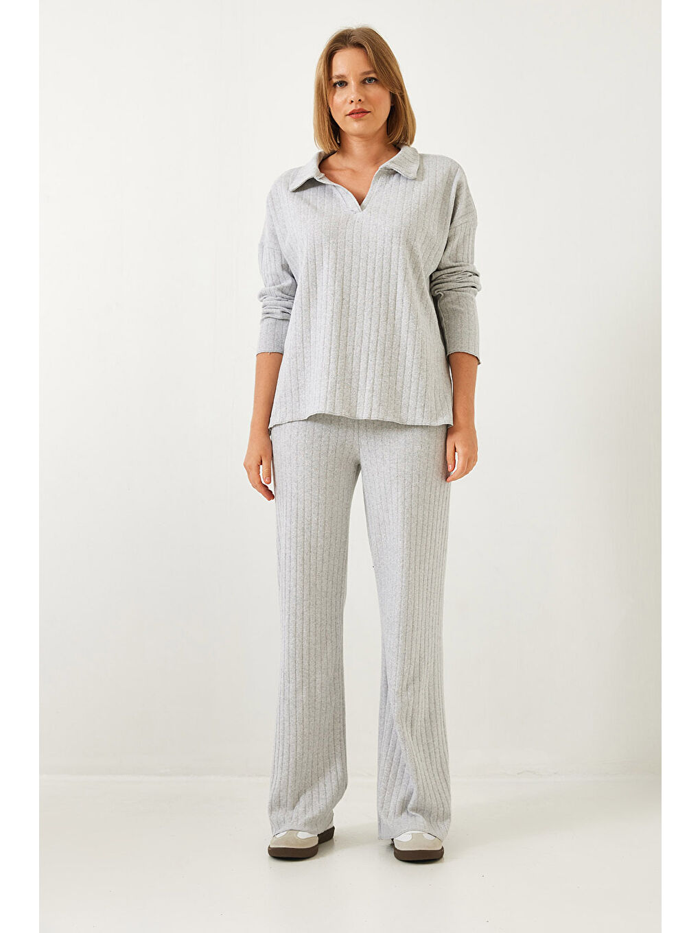 Gri Kadın Polo Yaka Triko Alt Üst Takım-3