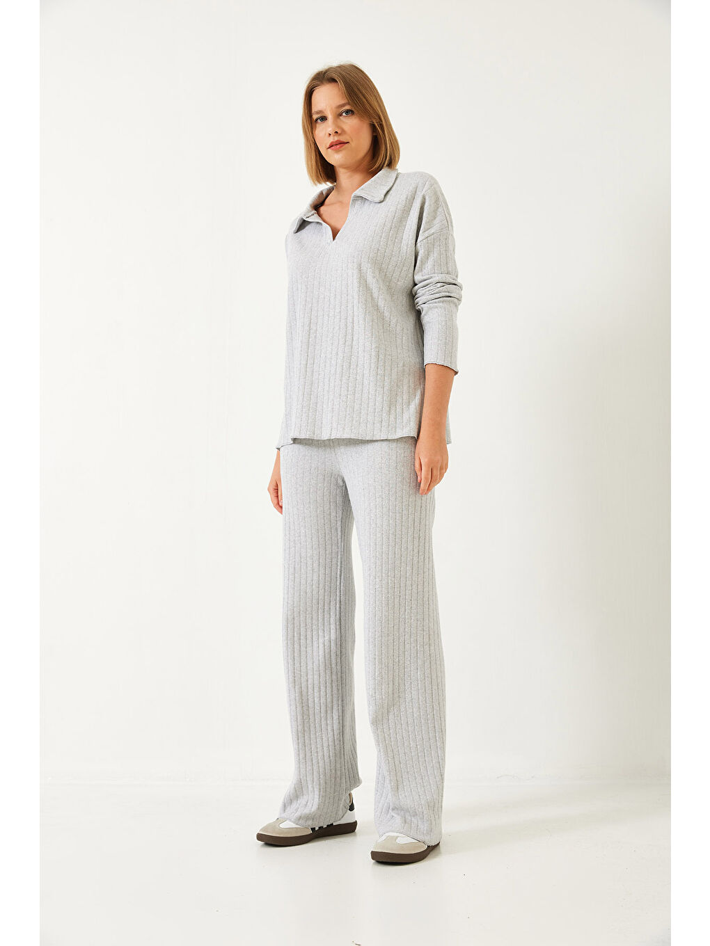 Gri Kadın Polo Yaka Triko Alt Üst Takım-4