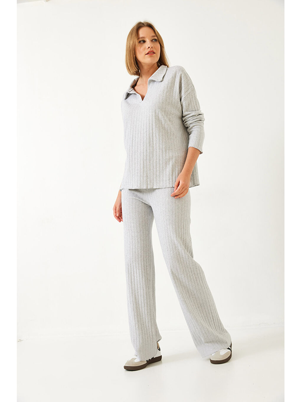 Gri Kadın Polo Yaka Triko Alt Üst Takım-5