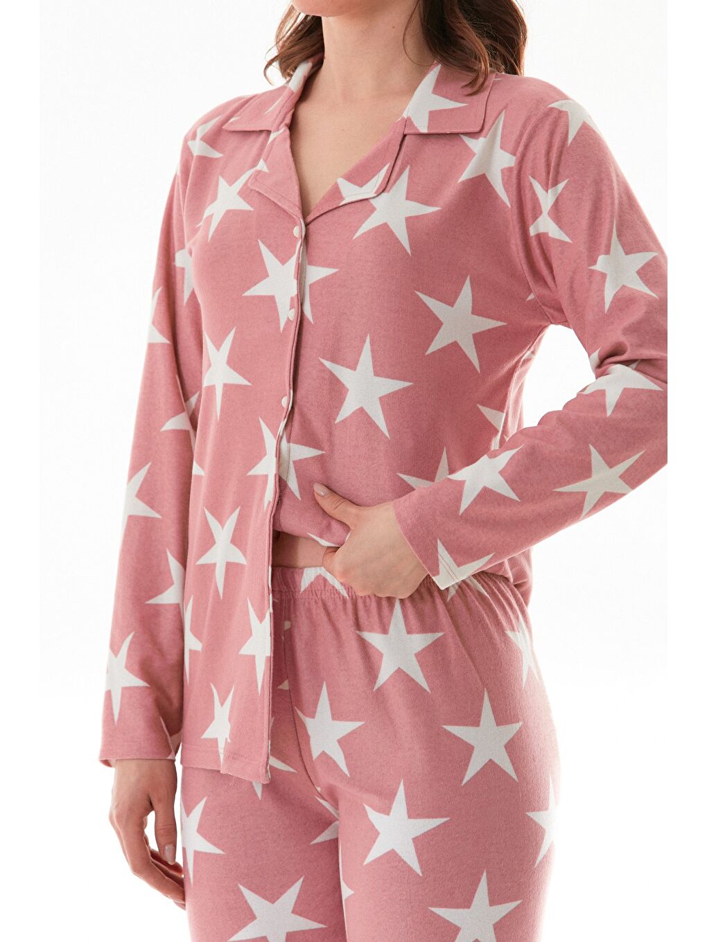 Pembe Çizgili Gömlek Yaka Süet Pijama Takımı-4