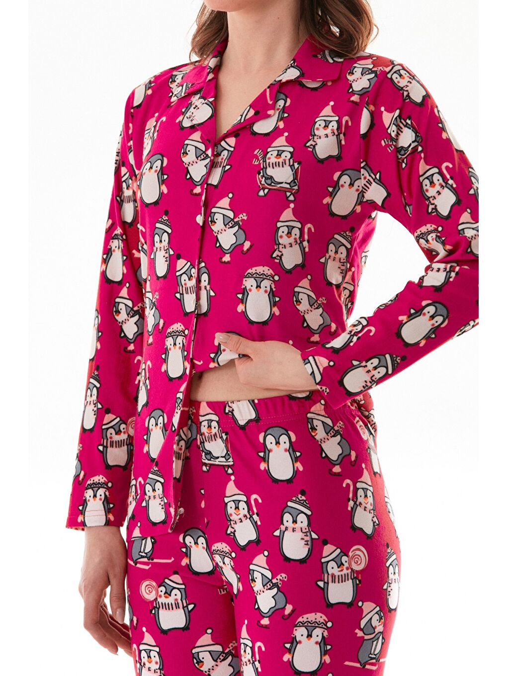 Gri Çizgili Gömlek Yaka Süet Pijama Takımı-4