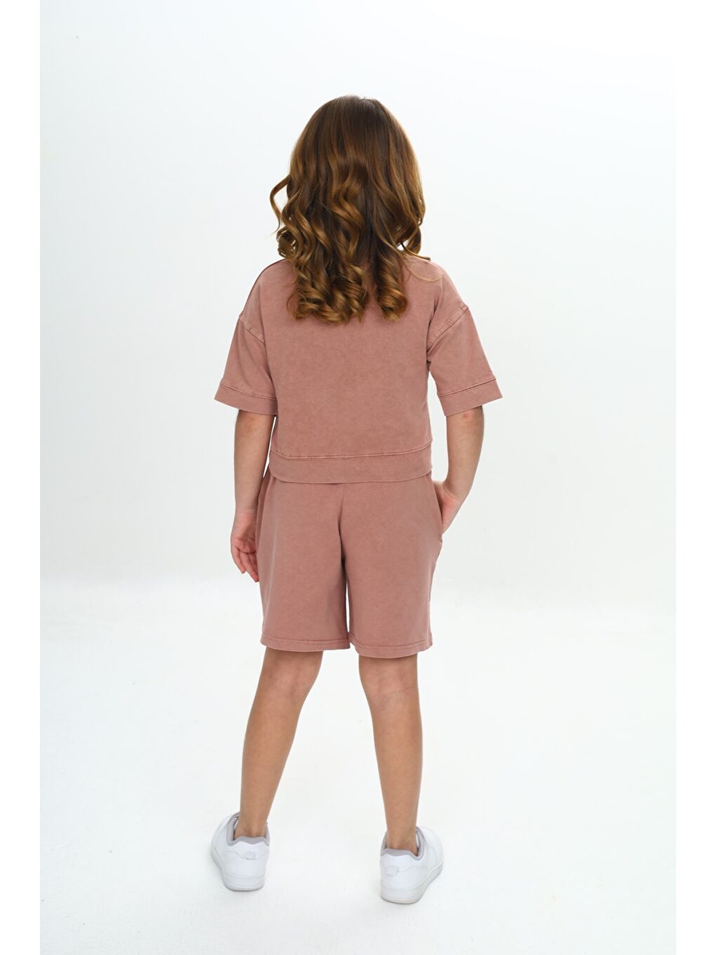 Kahverengi Kız Çocuk Yıkamalı Crop Şortlu Takım-3