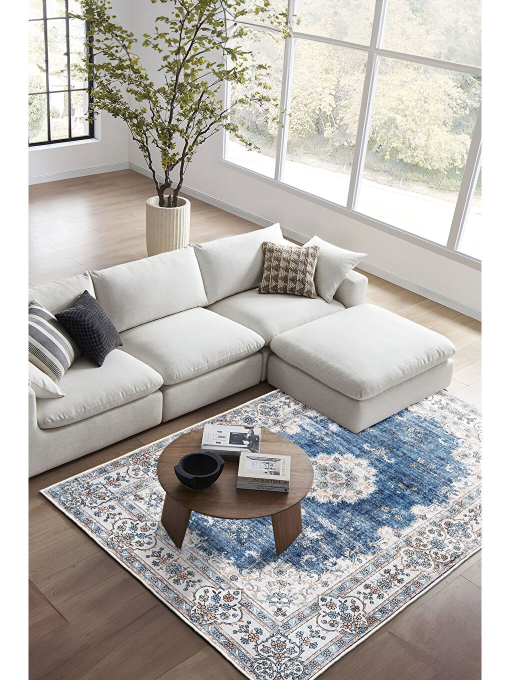 Mavi Dekoratif Özel Tasarım Yıkanabilir İnce Kaymaz Tabanlı Modern Halı KECE FR26-1