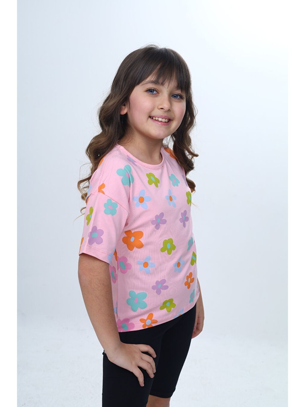 Pembe Kız Çocuk Bisiklet Yaka Kısa Kollu Baskılı Tişört 24980-3