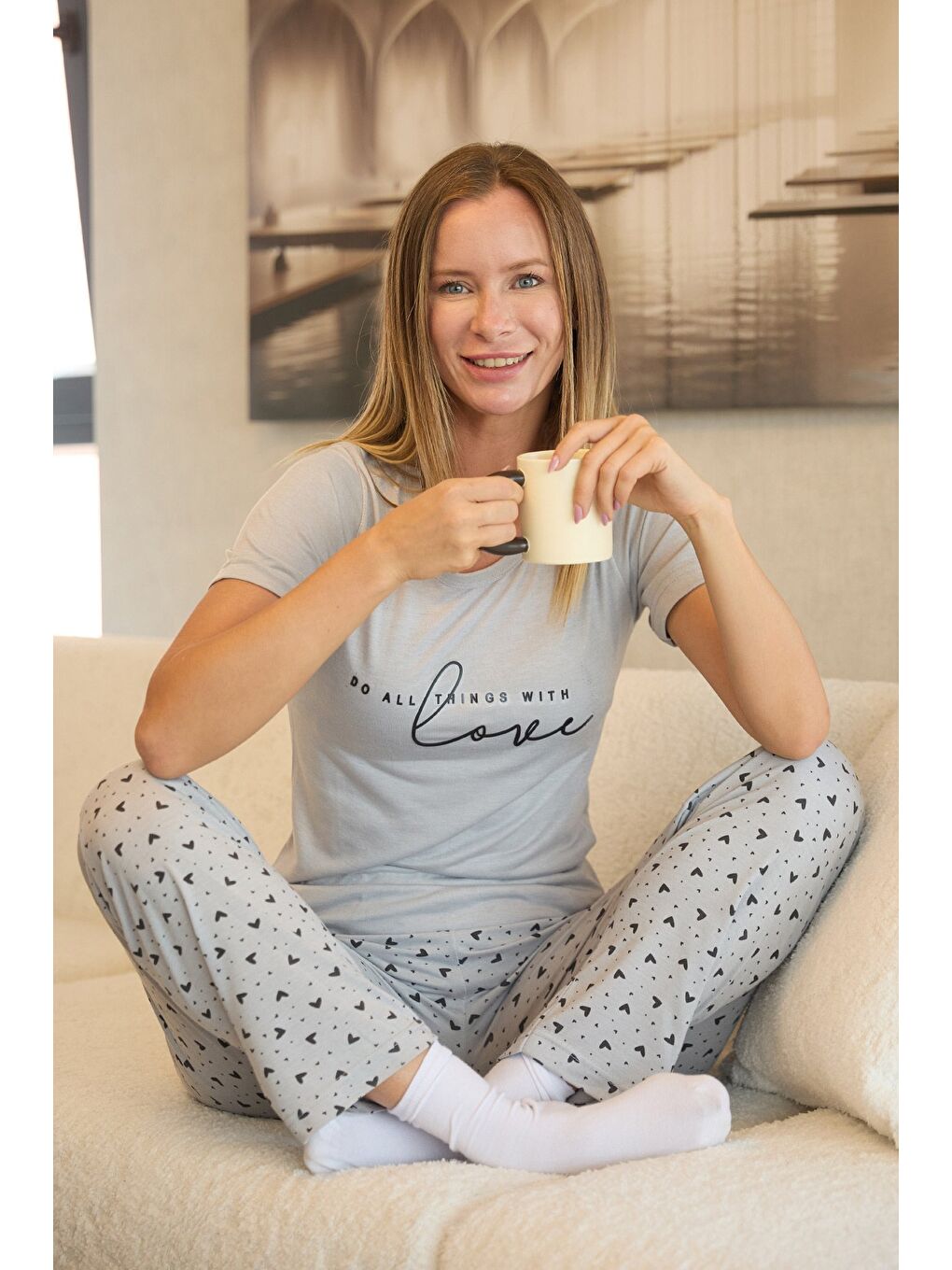 Gri Kalp Ve Yazı Baskılı Kısa Kol Pijama Takımı-1